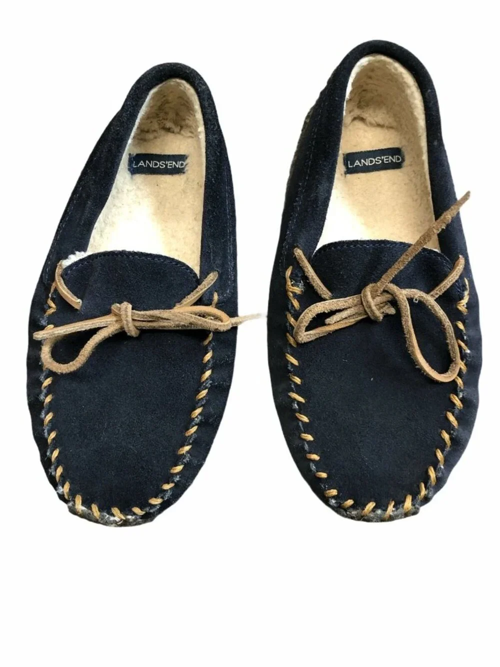 Lands End Moccasin Slippers Boys 2M Tan Navy Blue Suede Leather Faux Fur Lining